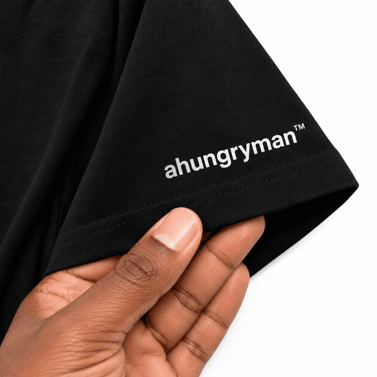 Black AHUNGRYMAN T-Shirt — close-up of sleeve print