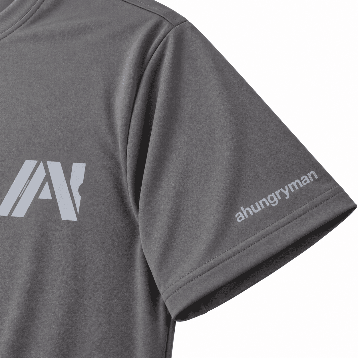 Gray AHUNGRYMAN T-Shirt — close-up of sleeve print