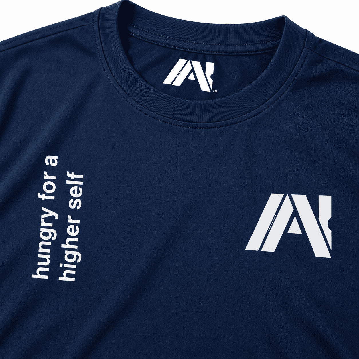Navy AHUNGRYMAN T-Shirt — close-up of chest print and neck tag
