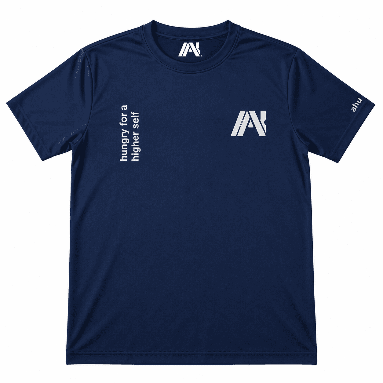 Navy AHUNGRYMAN T-Shirt — front, chest print "AHUNGRYMAN — Hungry For A Higher Self"