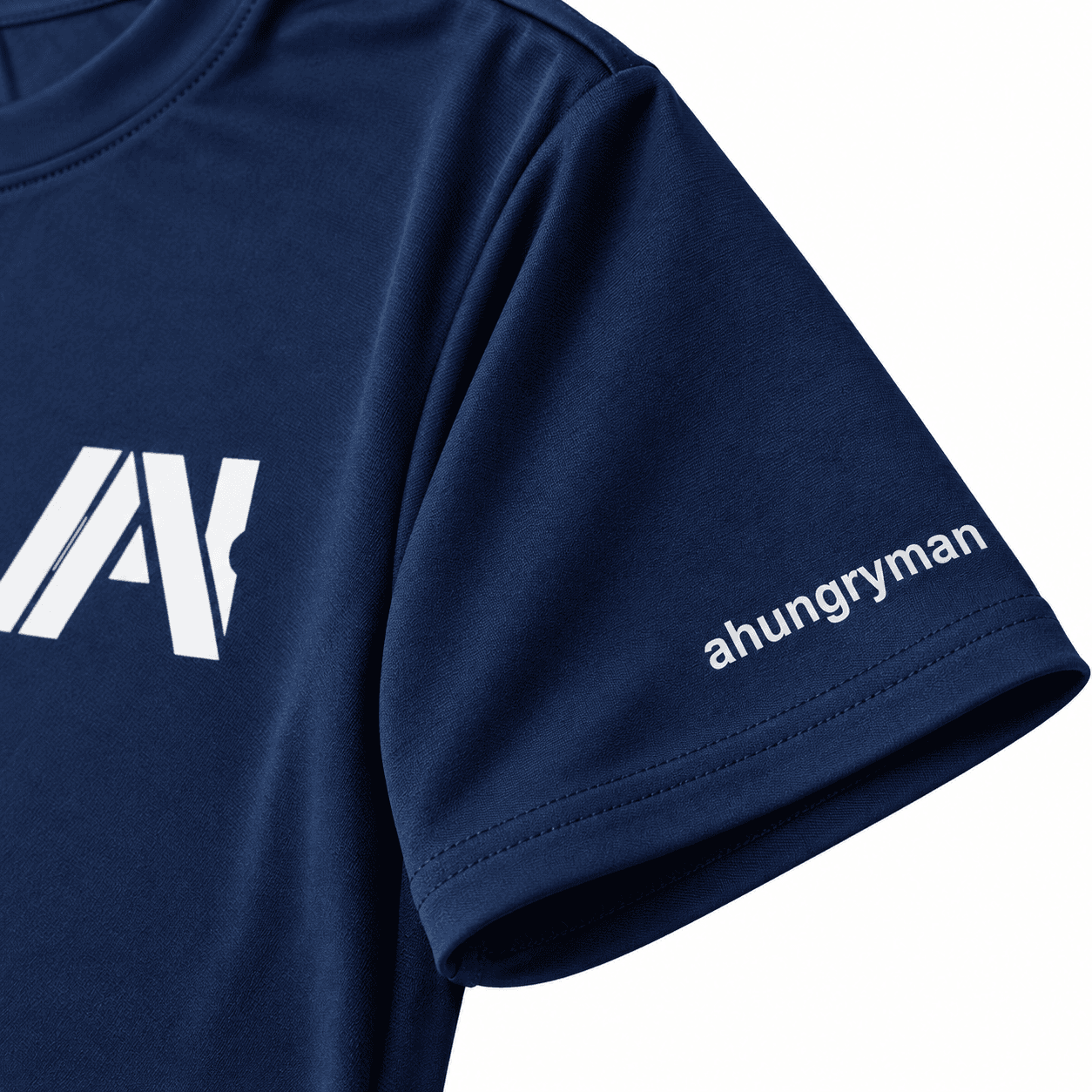 Navy AHUNGRYMAN T-Shirt — close-up of sleeve print