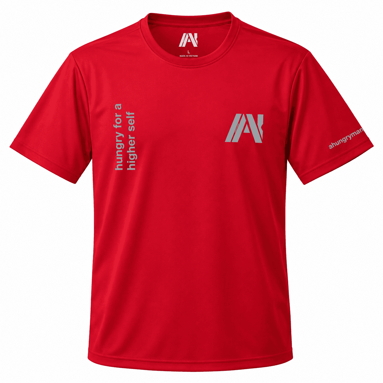 Red AHUNGRYMAN T-Shirt — front, chest print "AHUNGRYMAN — Hungry For A Higher Self"