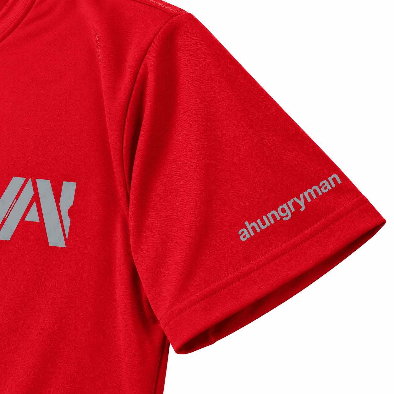 Red AHUNGRYMAN T-Shirt — close-up of sleeve print