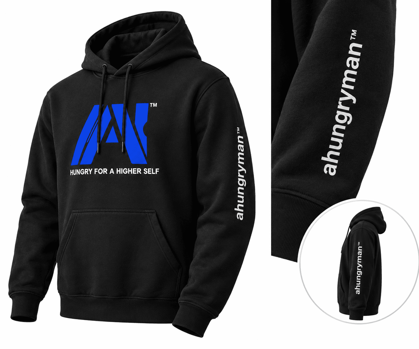 AHUNGRYMAN Hoodie — black, blue AHUNGRYMAN chest print with "HUNGRY FOR A HIGHER SELF," sleeve print and side-angle detail