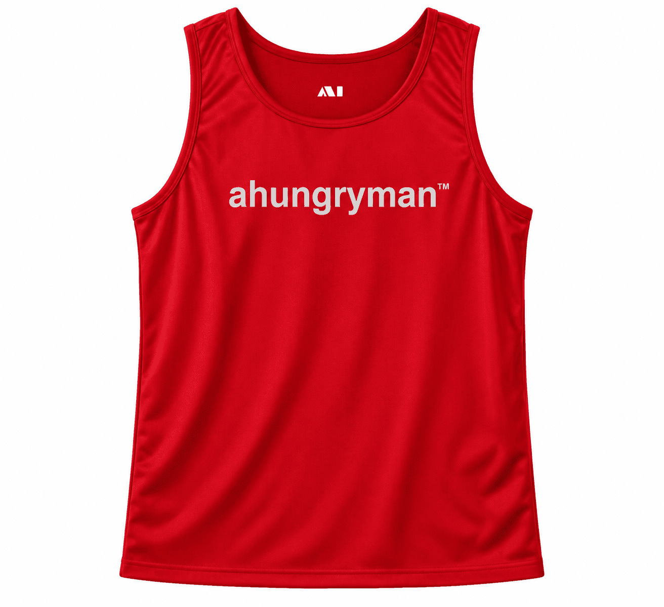 Red Tank Top — front, white "ahungryman" chest print